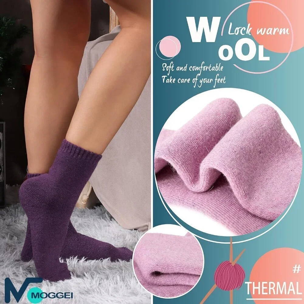 Women Merino Wool Solid Color A Sock 5 Pairs Warm Thick Crew Winter Boot Socks